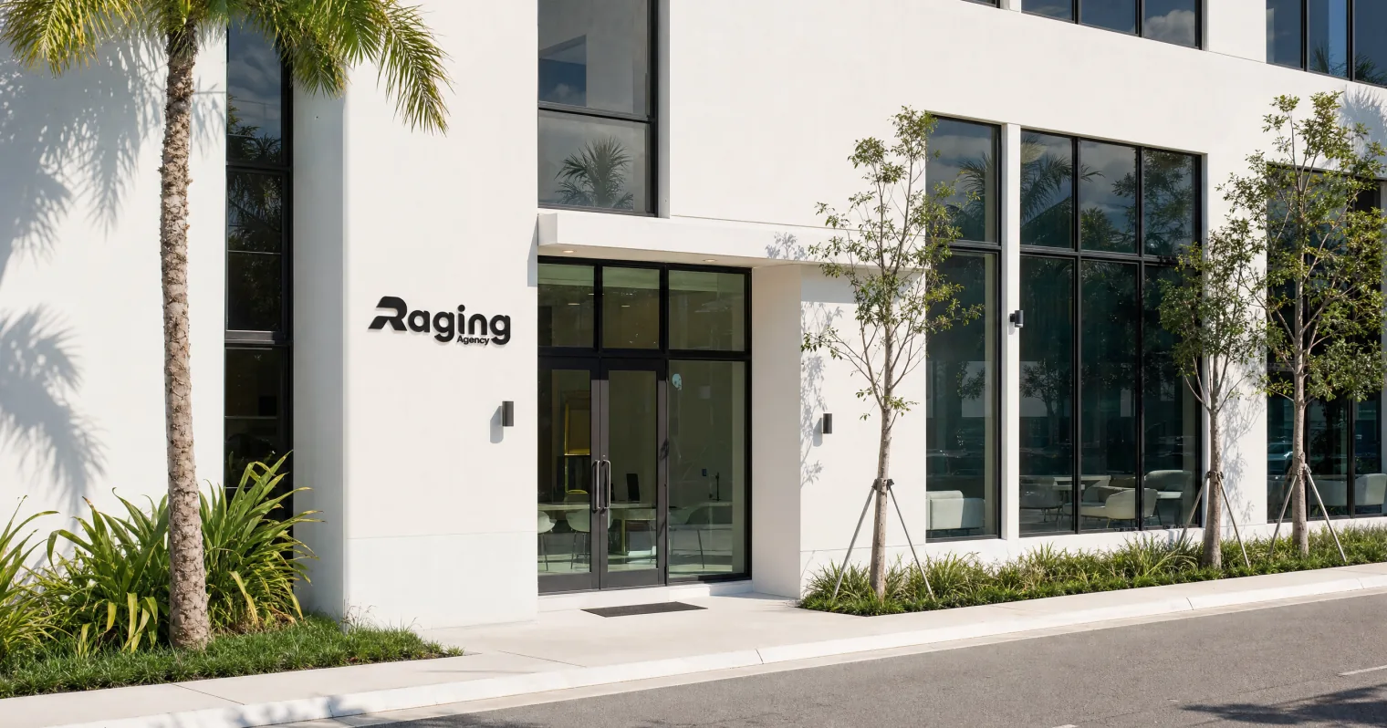 The Raging Agency office entrance in Miami, with the agency sign above the doors