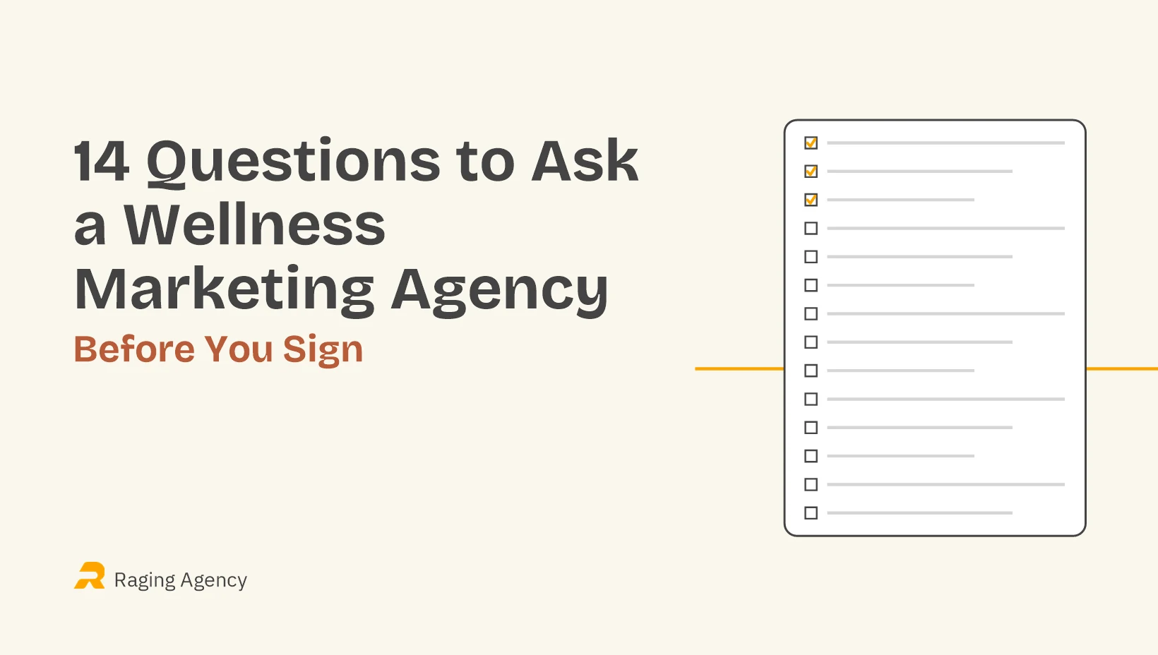 Graphic titled 14 Questions to Ask a Wellness Marketing Agency Before You Sign, with a fourteen-row checklist card and three amber ticks