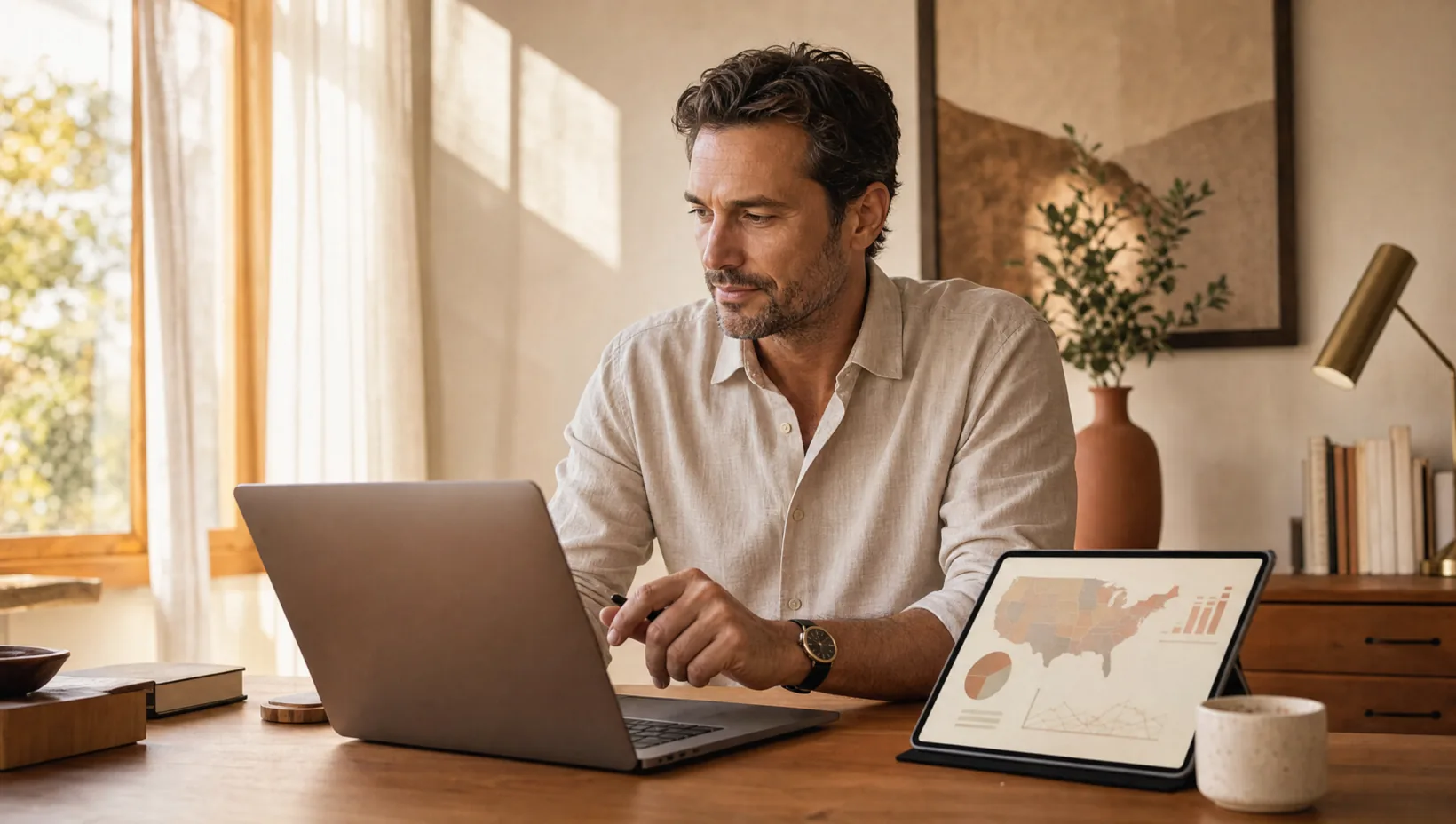 Telehealth operator reviewing multi-state patient acquisition data on a laptop and tablet